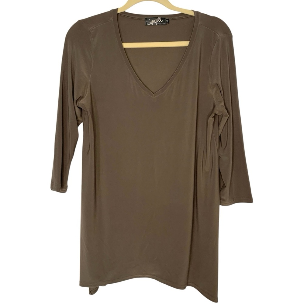 Sympli Size 10 Taupe Grey Stretchy Knit V-Neck Casual Comfy Made in Canada Top